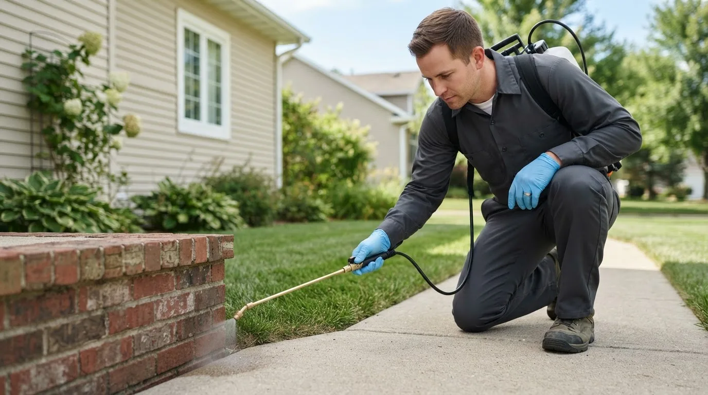 Pest control technician treating a home near Deltaville, VA